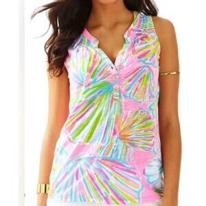 Lilly Pulitzer Pink Green Shellebrate Seashell Essie Top Sleeveless Size XS